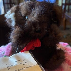 Adorable Brown Plush Bear with Red Bow with fur from dyed ranch mink paws. Soft